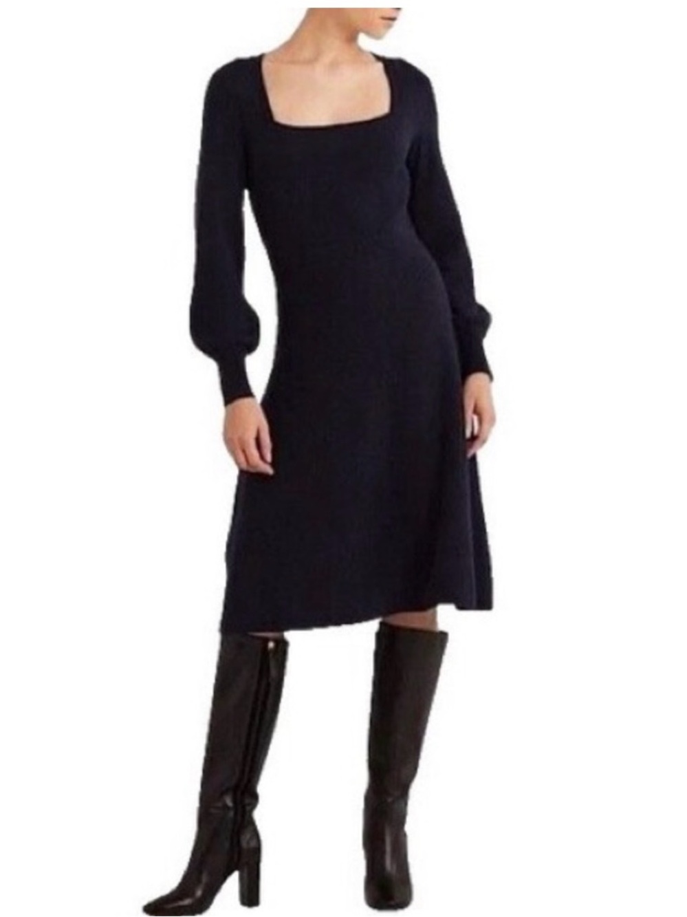 NWT Boden Black Long-Sleeve Square Neck Wool Blend Knit Dress 10